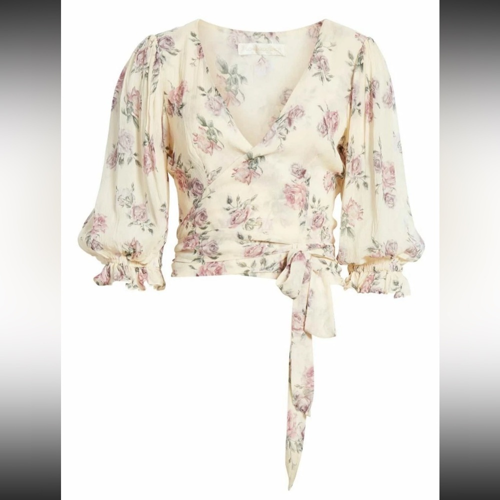 LoveShackFancy Floral Wrap Blouse - Cream and Pink